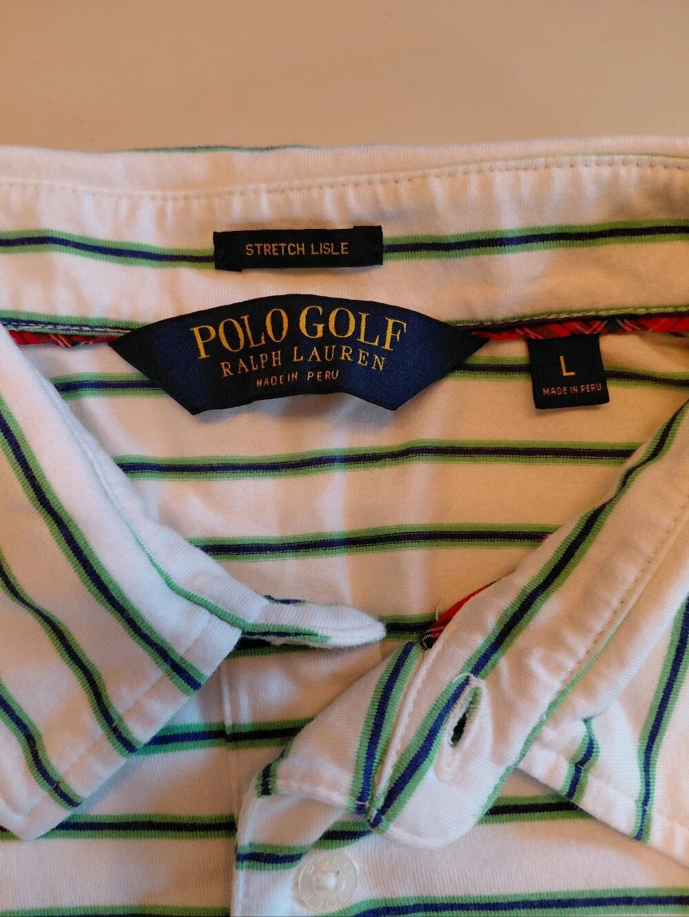 Polo Golf Ralph Lauren Mens Size L Stretch Lisle White Blue  Striped Polo Shirt